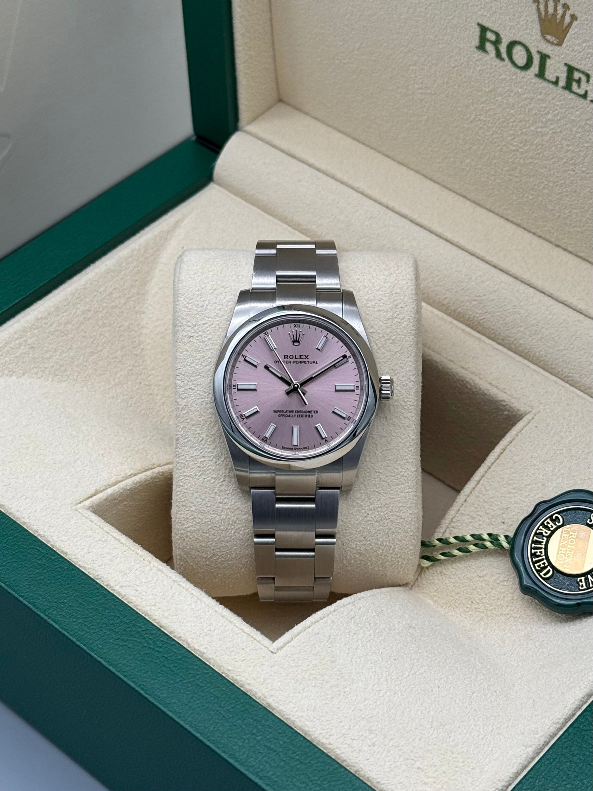 Oyster Perpetual 34mm , Pink Sunburst Dial, 124200